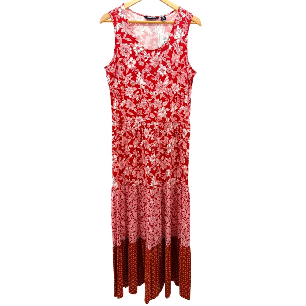 Lands End Womens Red Floral Tiered Maxi Dress Sleeveless Cotton Modal Sz M 10-12